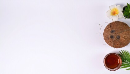 Flat lay of natural skincare ingredients: coconut oil, essential oils, and fresh coconut on white with copy space.