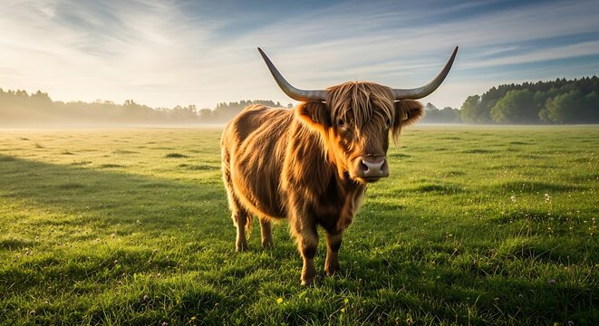 Highland cattle amidst verdant pastures illuminated by sunrise hues - Powered by Adobe