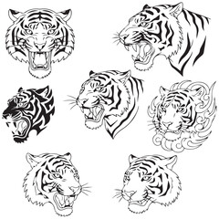 Collection of fierce tiger head illustrations in black and white line art, perfect for tattoos, logos, and mascots