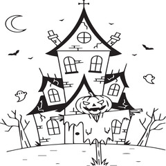 Spooky haunted house with a jack-o'-lantern, ghosts, and bats. Perfect black and white Halloween coloring page illustration