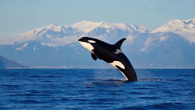 A killer whale leaps from the deep blue ocean with snow capped mountains in the background scene near shore