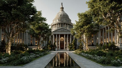The United States Capitol Building Surrounded by Lush Greenery and Water Feature