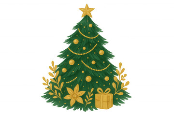 Christmas tree decorating with gold ornaments, a star, gifts, and festive poinsettia flowers