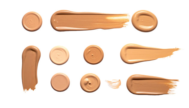 Foundation swatches in various shapes and textures. Creamy, light beige, and tan shades. Isolated on black background. Brushstrokes and circular forms