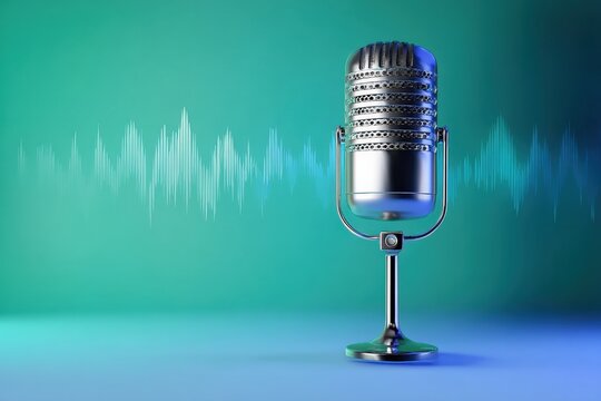 Vintage microphone stands against a teal and blue gradient background, showing vibrant sound waves, symbolizing audio recording and broadcasting
