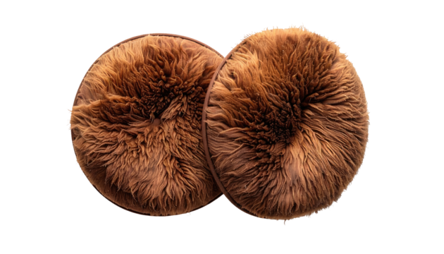 Two circular, brown sheepskin-like cushions