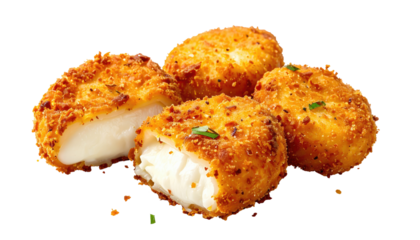 Four crispy, golden-brown, breaded cheese balls, with a creamy interior,  scattered with fresh herbs