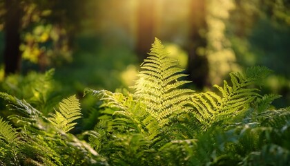 Close Up Of Green Ferns Growing In A Sunlit Forest