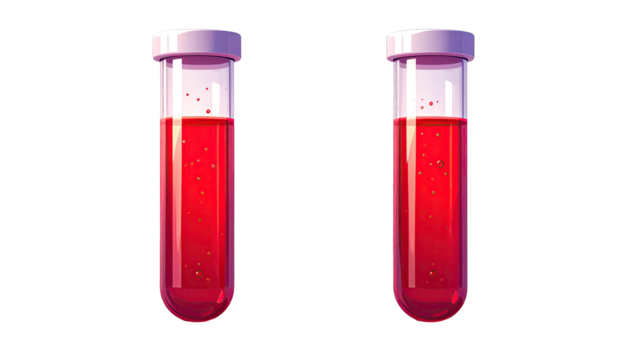 Two identical glass test tubes filled with crimson liquid
