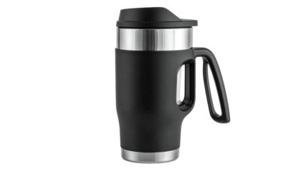 Insulated travel mug, black, stainless steel lid.  Features a  rubberized handle