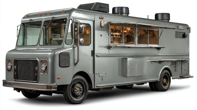 Detailed view of a modern silver food truck, ideal for culinary and mobile business ventures