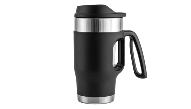Insulated travel mug, black, stainless steel lid.  Features a  rubberized handle