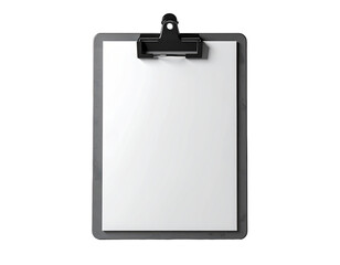 A blank clipboard, gray metal frame, black clip, white paper