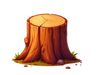 A vibrant illustration of a tree stump.  The stump is a rich reddish-brown, showing wood grain and rings.  Small rocks and patches of grass surround the base