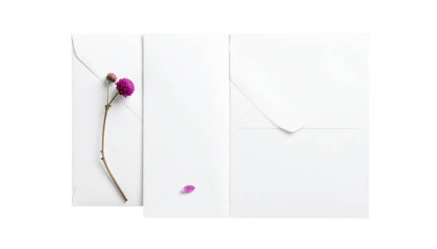 Two blank white envelopes, a small, delicate pink flower branch and petal, arranged on a light surface