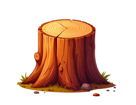 A vibrant illustration of a tree stump.  The stump is a rich reddish-brown, showing wood grain and rings.  Small rocks and patches of grass surround the base
