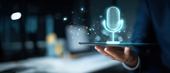 Hand holding a digital tablet with a glowing AI voice assistant microphone icon, symbolizing smart technology and interaction
