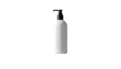 Glossy white cosmetic bottle with black pump, standing in an empty black background, is isolated and centrally framed, creating a minimalist and elegant design.