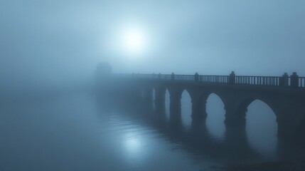 Obraz premium Misty bridge, river reflection, foggy dawn, serene landscape, stock photo