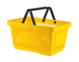 Bright yellow plastic shopping basket with black handles