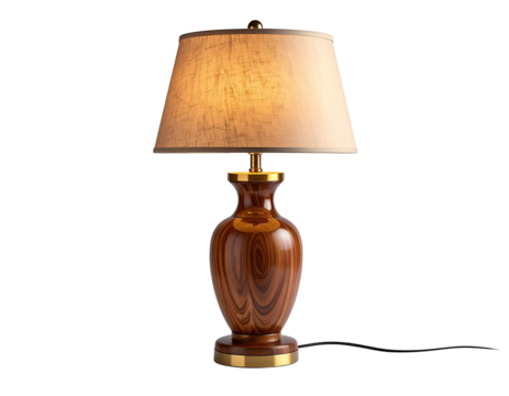 A wooden table lamp with a light beige shade