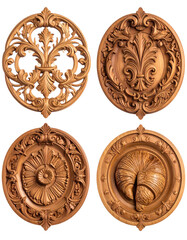 Four intricately carved wooden decorative rosettes