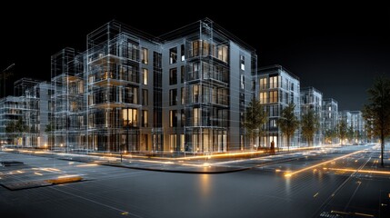 Obraz premium Architectural Visualization of Modern Buildings with Digital City Infrastructure at Night