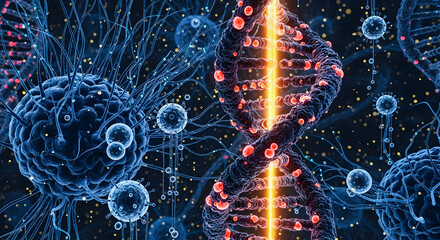 DNA helix and microscopic cells pulse with scientific discovery and innovation