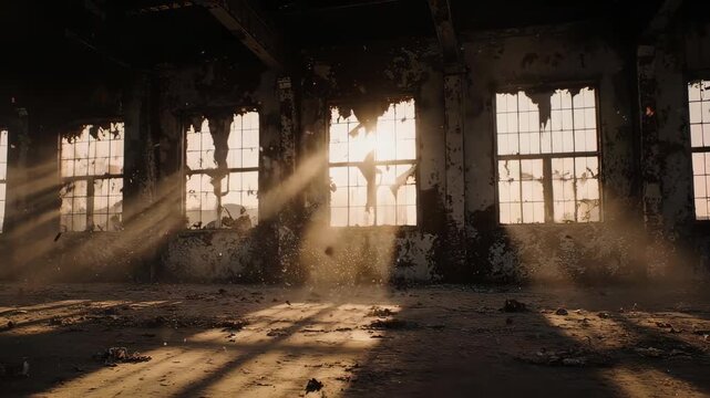 Sunlight streams through windows in a ruined building, dusty interior