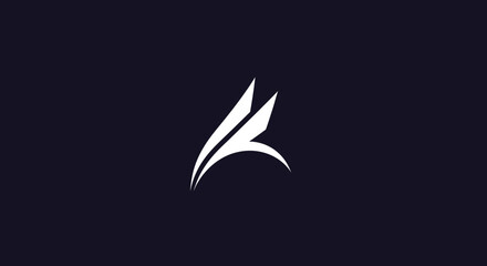 Abstract white logo design featuring stylized wings on a dark background.