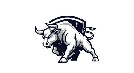 Powerful white bull logo design with shield.