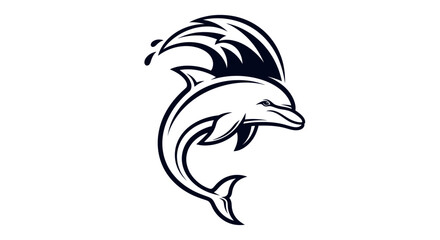 Stylized black and white dolphin jumping with a wave crest.