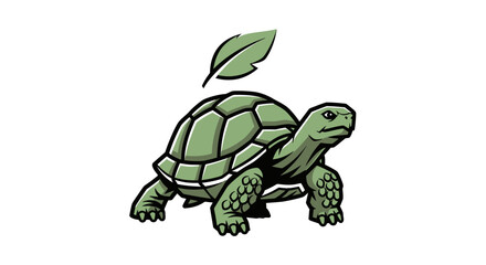 Stylized green turtle illustration with a floating leaf.