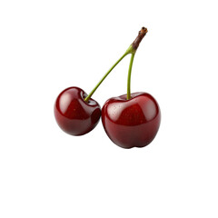 Two vibrant, ripe, red cherries with green stems, isolated on black