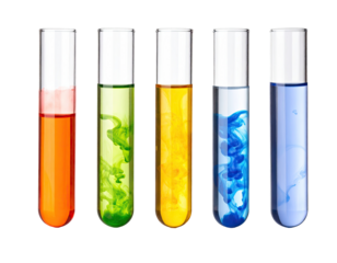 Five test tubes, each filled with a different colored liquid, exhibiting swirling patterns