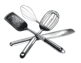 Culinary tools depicted in a detailed grayscale illustration, showcasing a spatula, whisk, eggbeater, and knife, arranged in a crossed composition against a stark black background, highlighting...