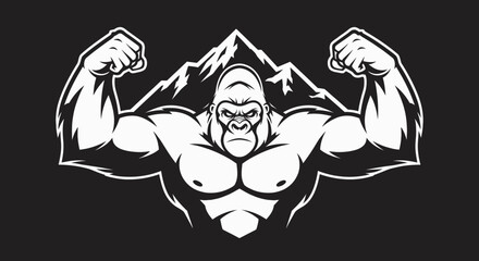Powerful Gorilla Mascot with Biceps Flexed and Mountain Backdrop.