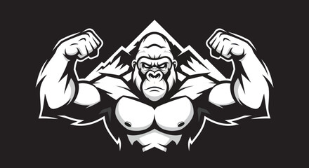 Powerful muscular gorilla flexing biceps in a monochrome vector illustration. © Tawang