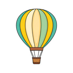 Obraz premium Cartoon hot air balloon with yellow and teal stripes. Simple line art style. Basket at bottom