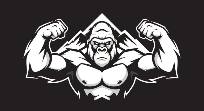 Powerful muscular gorilla flexing biceps in a monochrome vector illustration.