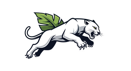White Panther Leaping with Tropical Leaf.