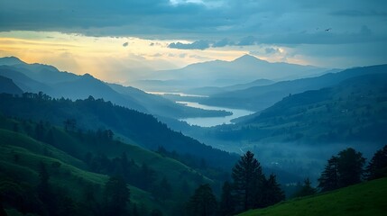 Fototapeta premium Scenic Mountain Landscape with River at Sunset
