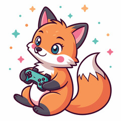 A cute cartoon fox is playing a video game with a controller.