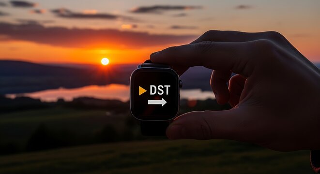 Sunrise Time Change: A person's hand holds up a smart watch displaying DST against a vibrant sunrise, symbolizing daylight saving time. - Powered by Adobe