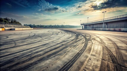 A desolate, worn-out racetrack with faded tire marks and a dusty surface