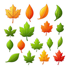 Vivid, stylized autumn leaves in various shapes and colors