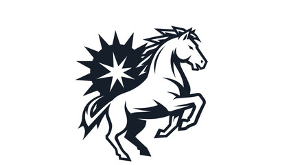 Majestic rearing horse with a stylized sunburst and star design.