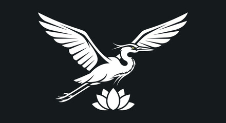 Graceful white heron with spread wings flying over a lotus flower.