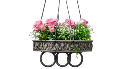 Hanging flower basket with pink roses and greenery