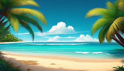 Naklejka premium A Cartoon Illustration Of A Tropical Beach